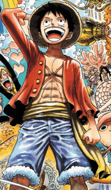 a drawing of luffy from one piece with his fist up in the air