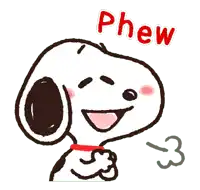 a cartoon drawing of snoopy with the word phew written above him