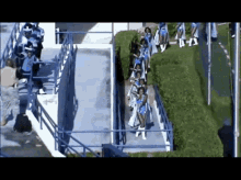 a group of cheerleaders in blue uniforms are walking down a ramp