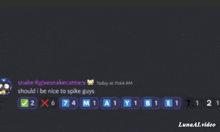 a screenshot of a discord conversation between lunaal video and shake figivessnakecatears