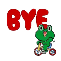 a green frog is riding a bike with the word bye above it