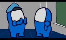 a cartoon of two blue among us characters one wearing a police hat