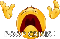 a crying smiley face with the words " poop crisis " below it