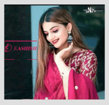 a woman in a pink dress with the name kashish written on the bottom