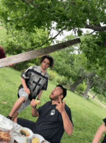 a group of people are having a picnic in a park and one man is holding a large piece of wood in his hand .