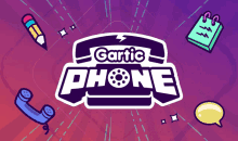 a logo for gartic phone is surrounded by various icons