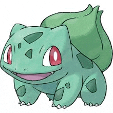 a cartoon drawing of a pokemon , bulbasaur , with red eyes .