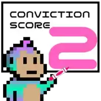 a pixel art monkey points at a sign that says conviction score 2