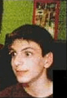 a close up of a young man 's face in front of a green wall