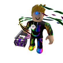 a roblox character holding a gun and a purple box that says italia style