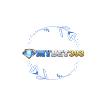 a logo for mybet303 is surrounded by blue flowers