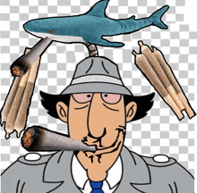 a cartoon of a man smoking a cigarette with a stuffed shark on top of his head