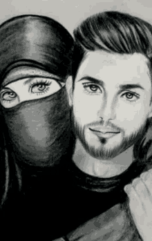 a black and white drawing of a man and a woman in a hijab .