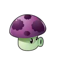 a cartoon mushroom with purple clouds on it