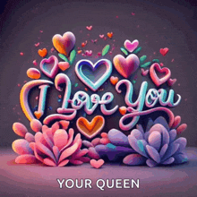 a poster that says i love you your queen surrounded by hearts and flowers