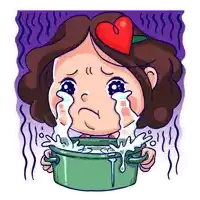 a cartoon of a woman crying while holding a pot of soup