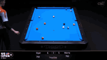 a pool table with a blue cloth and a man playing pool