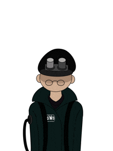 a cartoon drawing of a man wearing glasses and a hat with the word own on his jacket