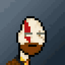 a pixel art drawing of a man 's head with a red stripe on it 's forehead .