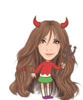 a cartoon drawing of a girl dressed as a devil with horns and a trident