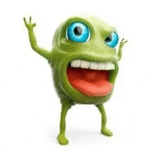 a green cartoon character with blue eyes and a red tongue is standing on two legs .