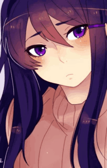 a drawing of a girl with long purple hair