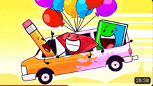 a cartoon drawing of a van with a pencil balloons and a book