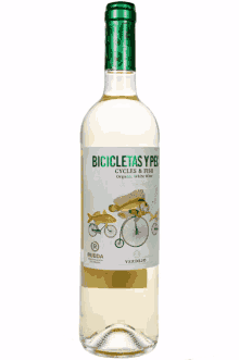 a bottle of bicicletas y pec wine with a green cap