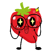 a cartoon illustration of a strawberry with glasses and arms