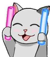 a cartoon cat is smiling and holding two pink and blue lights