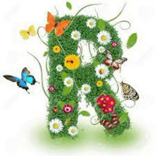 the letter r is made of grass and flowers with butterflies flying around it .