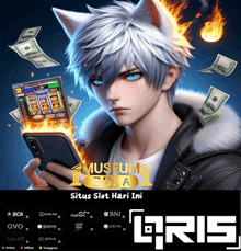 a man with a wolf 's head holding a cell phone with a slot machine coming out of it