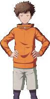 a boy with his hands on his hips is wearing an orange jacket and shorts