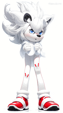 a cartoon character with white hair and red shoes is standing in front of a white background