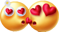 two smiley faces with red hearts on their eyes