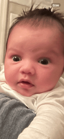 a close up of a baby 's face with a crop button on the bottom right