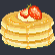 a pixel art drawing of pancakes with strawberries on top