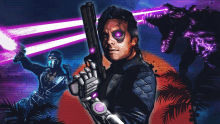 a painting of a man holding a gun with a purple eye