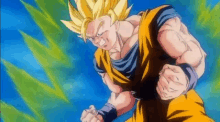 a close up of a cartoon character , goku , from dragon ball z , with a blue background .