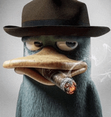 a perry the platypus wearing a fedora smoking a cigar