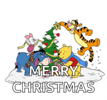 a cartoon of winnie the pooh piglet eeyore and tigger with the words merry christmas below them