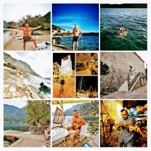 a collage of pictures shows a man standing on a beach