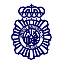 the logo for the spanish police is a blue badge with a crown on top of it .