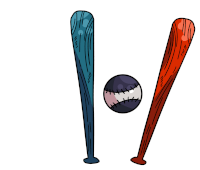 a drawing of two baseball bats and a ball with the letter v in the middle