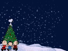 a cartoon of snoopy and his friends standing around a christmas tree