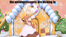 a picture of a gingerbread house with the words " the antidepressants are kicking in "