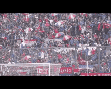 a large crowd of people are watching a soccer game in a stadium with barrio written on the side of the goal