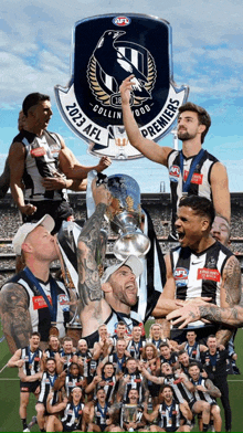 a collage of soccer players holding a trophy with the words 2023 afl premiers on it