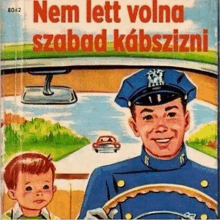 a cartoon of a police officer driving a car next to a little boy .