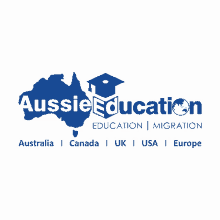 a logo for aussie education shows a map of australia and a graduation cap